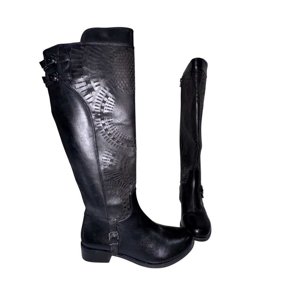 Gianni Bini Ellison Riding Boots Women 9 Black‎ Laser Cut Leather Buckles